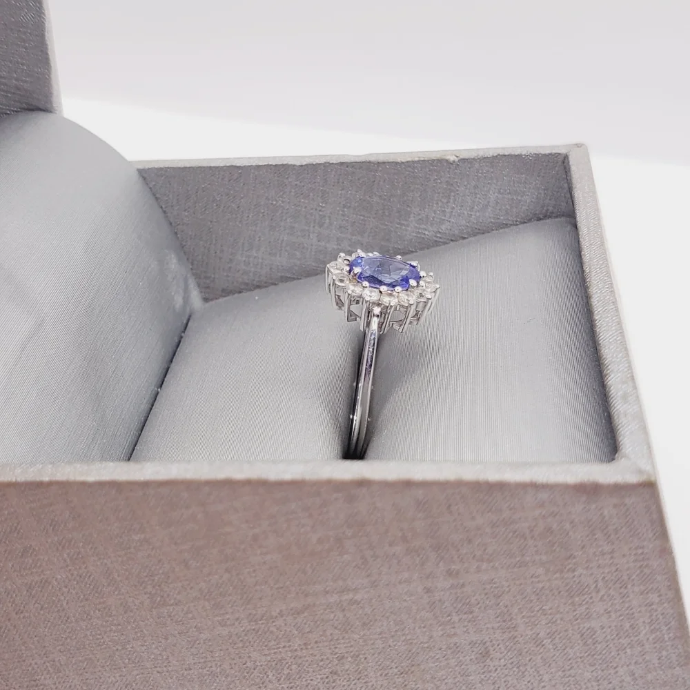 10k Solid White Gold Oval Tanzanite & Round White Topaz Halo Ring